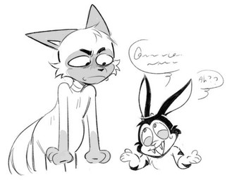 anthro bodily_fluids collar duo eye_contact fangs fur hair half-closed_eyes long_ears looking_at_another male male/male narrowed_eyes pregnant pregnant_male question_mark sharp_teeth simple_background smile standing sweat teeth white_background viat_on bunnicula_(series) bunnicula chester_(bunnicula) domestic_cat felid feline felis lagomorph leporid mammal rabbit siamese_cat vampire 2026 digital_media_(artwork) monochrome