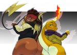 anthro ass_to_ass big_butt bottomless brown_body brown_hair butt clothed clothing dreadlocks duo ear_piercing fire flaming_tail grin hair hoodie looking_at_viewer looking_back looking_back_at_viewer male orange_body piercing raised_tail smile tail topwear satsui-n0-had0u nintendo pokemon hadou_(satsui-n0-had0u) rokan_(rokanartz) charmander generation_1_pokemon pokemon_(species) raichu 2023 hi_res