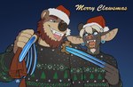 anthro christmas_clothing christmas_headwear claws clothed clothing duo facial_hair fingernails fur hair hat headgear headwear holidays long_claws long_fingernails male nails open_mouth santa_hat simple_background sweater teeth tongue topwear longblueclaw christmas thad bear mammal 2022 absurd_res digital_media_(artwork) hi_res