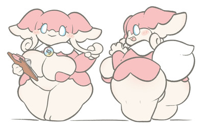 anthro big_breasts big_butt biped blue_sclera blush breasts butt clipboard clothed clothing eyelashes featureless_crotch female front_view hands_together holding_object huge_thighs looking_at_viewer looking_back mostly_nude mostly_nude_female multicolored_body multicolored_ears multiple_angles naturally_censored open_mouth open_smile overweight overweight_anthro overweight_female pokemorph rear_view red_body shirt_collar shortstack shortstack_female simple_background smile solo standing tail tan_body thick_thighs white_background white_eyes white_tail wide_hips white_slime_(artist) nintendo pokemon audino generation_5_pokemon pokemon_(species) 2024 digital_drawing_(artwork) digital_media_(artwork) hi_res