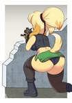 anthro big_breasts big_butt blonde_hair boots bottomwear breasts butt clothed clothing female footwear fur gun hair legwear miniskirt outside paint panties ponytail raised_tail ranged_weapon rear_view rifle shoes skirt sniper_rifle solo tail topwear underwear upskirt weapon yellow_body yellow_fur zelripheth animal_crossing goddess_of_victory:_nikke nintendo isabelle_(animal_crossing) canid canine canis domestic_dog mammal shih_tzu toy_dog absurd_res crossover hi_res