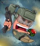 4_fingers ambiguous_gender armor clothing explosive_mines explosives feral fingers floating_hands gun headgear helmet holding_gun holding_object holding_ranged_weapon holding_weapon limbless noseless open_mouth outside ranged_weapon sky solo submachine_gun toony uzi weapon mixsan worms_(series) worm worm_(worms) digital_drawing_(artwork) digital_media_(artwork) hi_res shaded