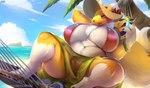 2023 anthro areola areola_slip bandai_namco beach big_breasts bikini bikini_thong breasts butt_from_the_front camel_toe canid clothing curvy_figure digimon digimon_(species) female hammock huge_breasts mammal mature_female ocaritna overweight renamon seaside solo swimwear thick_thighs voluptuous wide_hips