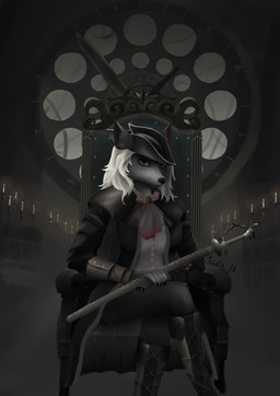 anthro black_bottomwear black_clothing black_coat black_pants black_topwear boots bottomwear candle clock clothing coat female footwear fur hair hat headgear headwear high_boots melee_weapon pants red_eyes shirt shoes solo sword topwear weapon white_body white_clothing white_fur white_hair white_shirt white_topwear isidia_f1 bloodborne fromsoftware sony_corporation sony_interactive_entertainment lady_maria_(bloodborne) canid canine canis mammal wolf absurd_res hi_res