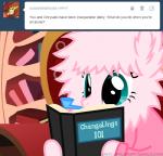 blue_eyes book bubble bubble_pipe female fluffy fur hair pink_body pink_fur pink_hair reading solo text mixermike622 hasbro my_little_pony tumblr fan_character fluffle_puff earth_pony equid equine horse mammal pony 2013 english_text