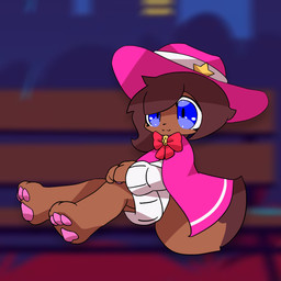 3_toes alternate_universe anthro bench blue_eyes bottomless bow_ribbon brown_body brown_fur brown_hair cloak clothed clothing cowboy_hat dipstick_tail feet female fur hair hat headgear headwear markings outside pawpads sitting solo tail tail_markings toes young young_anthro young_female godforgiveme4 undertale_yellow kanako_ketsukane boss_monster_(undertale) canid canine fox mammal 1:1 hi_res