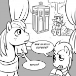 clothing curtains derp_eyes dialogue dress feathered_wings feathers female feral freckles group male object_in_mouth open_mouth police_box stalking tardis text wedding_dress window wings madmax british_broadcasting_corporation doctor_who friendship_is_magic hasbro my_little_pony mythology big_macintosh_(mlp) derpy_hooves_(mlp) doctor_whooves_(mlp) earth_pony equid equine horse mammal mythological_creature mythological_equine pegasus pony 1:1 black_and_white english_text monochrome