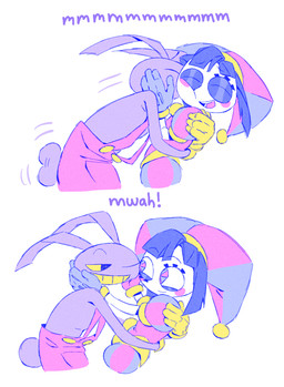 anthro black_hair blue_clothing blue_eyes blue_gloves blue_handwear blush blush_stickers closed_smile clothing duo ears_back eyelashes eyes_closed fool's_hat fur gloves grin hair handwear hat headgear headwear hug jester jester_outfit kissing kissing_cheek long_ears motion_lines mouth_closed multicolored_eyes open_mouth open_smile overalls overalls_only pink_clothing pink_overalls pivoted_ears purple_body purple_fur purple_tail red_clothing red_eyes red_gloves red_handwear scut_tail short_hair short_tail simple_background smile tail tail_motion tailwag teeth teeth_showing text two_tone_eyes white_background white_body white_skin yellow_clothing yellow_gloves yellow_handwear yellow_sclera yellow_teeth chergeegee glitch_productions the_amazing_digital_circus jax_(tadc) pomni_(tadc) humanoid lagomorph leporid mammal rabbit english_text hi_res