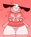 antennae_(anatomy) anthro blush breasts camel_toe clothing eyes_closed eyewear female front_view glasses hearts_around_body holding_object holidays huge_hips huge_thighs non-mammal_breasts panties pink_background pink_clothing pink_panties pink_underwear ribbons round_glasses simple_background smile solo standing text thick_thighs thigh_gap underwear wide_hips wings forsakenedbread valentine's_day mocha_(forsakenedbread) arthropod insect lepidopteran moth 5:6 absurd_res english_text hi_res