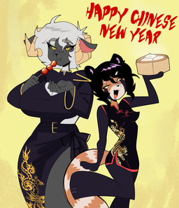 5_fingers anthro asian_clothing breasts chinese_clothing clothing dumplings duo east_asian_clothing female fingers food holidays horn mochi small_waist thick_thighs witchpanda chinese_new_year stella_(spoopygirl) witchpanda_(character) ailurid bovid caprine mammal red_panda sheep absurd_res hi_res nonbinary_(lore) trans_(lore)