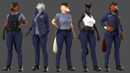 5_fingers anthro black_body black_fur black_hair blonde_hair bottomwear breasts brown_body brown_fur bulletproof_vest clothed clothed_anthro clothed_female clothing eyewear female fingers footwear fur gloves group hair handwear humanoid_hands jacket pants police police_hat police_officer police_uniform shirt shoes standing sunglasses tan_body tan_fur tank_top topwear uniform petruz petruz_(modeler) equid equine horse mammal 16:9 3d_(artwork) blender_(artwork) digital_media_(artwork) hi_res widescreen