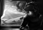 anthro cigarette clothed clothing detailed_background ear_piercing female inside kerchief lighter mountain piercing plant realistic sky smoking solo tree window yellow_eyes conditional_dnp ratte legacy_(ratte) beyle avian bird canid canine faraden fox mammal new_faraden 2014 detailed digital_media_(artwork) greyscale monochrome spot_color