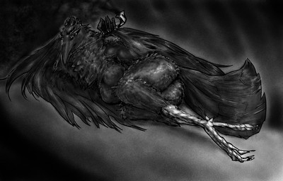 anthro big_butt black_body black_feathers black_wings breasts butt claws eyelashes feather_tuft feathers featureless_breasts feet female hand_behind_head lying on_side smoking_pipe solo tail tail_feathers talons thick_thighs three-quarter_view toes tuft wings 2hiakkable avian bird corvid corvus_(genus) oscine passerine raven absurd_res hi_res monochrome