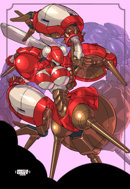 anthro armband armor big_breasts bracelet breasts female jewelry long_fingers omechaunit_go red_armband red_armor solo spiked_bracelet spikes text gunforce_ii irem chi_un-d animal_humanoid arthropod arthropod_humanoid centipede_humanoid humanoid myriapod myriapod_humanoid artist_name hi_res