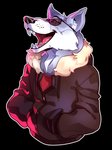 2018 anthro black_background black_nose bunnym4n canid canine canis clothed clothing digital_media_(artwork) eyebrows eyewear fangs fur grey_body grey_fur hand_in_pocket hands_in_both_pockets happy hi_res inner_ear_fluff jacket jameskii looking_away male mammal open_mouth pockets simple_background solo sunglasses teeth tongue topwear tuft wolf