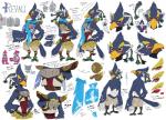 anthro armor beak blue_body blue_feathers braided_hair clothed clothing feathers green_eyes group hair half-closed_eyes hands_behind_back looking_at_viewer male multiple_poses narrowed_eyes nude open_mouth pose scarf side_view text topless ningukt breath_of_the_wild nintendo the_legend_of_zelda revali avian bird rito hi_res japanese_text model_sheet translated