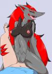 anthro anthro_penetrated bent_arm bent_leg biped black_body black_fur bodily_fluids breasts claws collarbone cowgirl_position duo eyes_closed fangs female female_focus female_on_human female_on_top female_penetrated first_person_view from_front_position fur genital_fluids genitals grey_body grey_fur hand_behind_back hand_on_leg hand_on_thigh head_turned human_on_anthro human_penetrating human_penetrating_anthro interspecies leg_grab long_fur male male/female male_on_anthro male_on_bottom male_penetrating male_penetrating_female multicolored_body multicolored_fur nipples on_bottom on_top one_leg_up open_mouth penetration penile penile_penetration penis_in_pussy pokephilia pussy raised_leg raised_leg_grab red_body red_claws red_fur sex solo_focus straight_arm teeth thigh_grab tongue tongue_out vaginal vaginal_fluids vaginal_penetration tarian third-party_edit nintendo pokemon canid canine generation_5_pokemon human mammal pokemon_(species) zoroark censor_removal_edit hi_res