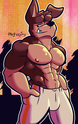 abs anthro big_muscles big_pecs bottomwear clothed clothing looking_at_viewer male muscular muscular_anthro muscular_male nipples pecs smile solo topless topless_anthro topless_male fizzyjay buddy_thunderstruck_(series) buddy_thunderstruck_(character) canid canine canis domestic_dog mammal digital_media_(artwork) hi_res