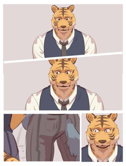 anthro bathroom biped bottomwear brown_body brown_fur butt clothed clothed_anthro clothed_male clothing duo front_view fur furgonomic_bottomwear furgonomics grey_body grey_fur inside looking_aside looking_at_another male markings necktie orange_body orange_fur pants standing striped_markings stripes tail topwear uniform urinal urinal_peeking vest sadness_hao beastars bill_(beastars) legoshi_(beastars) canid canine canis felid mammal pantherine tiger wolf absurd_res colored comic hi_res shaded