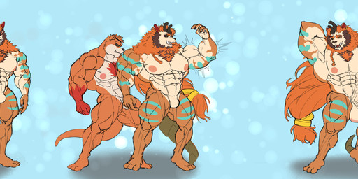 abs anthro balls biceps big_balls big_muscles big_penis black_sclera bulge calf_muscles chest_tuft claws dark_sclera deltoids duo erection eye_patch eyewear flexing fur fur_markings genitals glans hair horn huge_muscles huge_penis long_hair male male/male markings muscular muscular_anthro muscular_male nipples nude orange_body orange_fur pecs penis possession quads red_body red_fur suit_transformation tail tan_body transformation tuft vein veiny_penis yellow_eyes bamcat xxl_woofia suichong chimera felid lion mammal mustelid otter pantherine absurd_res hi_res