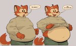 anthro belly big_belly biped bottomwear canid canine cheek_tuft clothed clothing clothing_lift cute_fangs english_text facial_tuft fox fur grey_background happy inner_ear_fluff love_handles male mammal moobs muffin_top multicolored_body multicolored_fur navel obese obese_anthro obese_male one_fang open_mouth open_smile orange_body orange_fur overweight overweight_anthro overweight_male pants presenting_belly raymodule simple_background smile solo speech_bubble standing sweater sweater_lift tail tail_motion tailwag talking_to_another tan_body tan_fur text three-quarter_view topwear tuft two_tone_body two_tone_fur