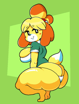 anthro anthrofied barefoot big_breasts big_butt blonde_hair blush breasts butt cleavage clothed clothing crouching feet female fur green_background hair huge_butt huge_thighs panties simple_background smile solo tail teeth thick_thighs underwear white_eyes wide_hips yellow_body yellow_fur cyrockstar animal_crossing nintendo isabelle_(animal_crossing) canid canine canis domestic_dog mammal shih_tzu toy_dog 2025 digital_media_(artwork) pixel_(artwork)
