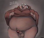 anthro balls belly clothing dialogue erection genitals hair humanoid_genitalia humanoid_hands humanoid_penis male navel overweight overweight_male penis robe solo text white_hair uniparasite disney robin_hood_(disney) friar_tuck badger mammal mustelid musteline 2021 english_text