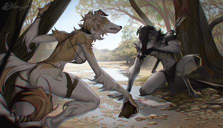 4_toes 5_fingers anthro arm_tuft arrow_(weapon) black_nose blood bodily_fluids bottomwear breasts butt cheek_tuft claws clothed clothed_anthro clothed_female clothed_male clothing duo elbow_tuft facial_tuft feet female fight finger_claws fingers forest fur gloves_(marking) grey_body grey_fur hindpaw humanoid_hands loincloth male male/female markings nature neck_tuft nosebleed outside paws plant quiver_(object) ranged_weapon rock skimpy tail teeth toes tree tribal tuft weapon white_body white_fur lldelphin farso glenteyarl borzoi canid canine canis domestic_dog hunting_dog mammal sighthound colored digital_drawing_(artwork) digital_media_(artwork) hi_res
