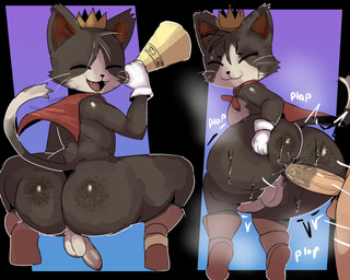 4_fingers anal anal_penetration anthro anthro_penetrated backsack balls big_butt black_body black_fur black_nose bodily_fluids boots butt cape clothing crouching crown dipstick_tail duo eyes_closed fangs fingers footwear freckled_butt freckles fur genitals gloves handwear head_tuft headgear human_on_anthro human_penetrating human_penetrating_anthro interspecies looking_back male male/male male_penetrated male_penetrating male_penetrating_male markings mouth_closed open_mouth penetration penile penile_penetration penis penis_in_ass plap_(sound) rear_view red_cape red_clothing sex shoes smile sound_effects sweat sweatdrop sweaty_butt tail tail_markings teeth tuft whiskers white_clothing white_gloves white_handwear white_markings darky final_fantasy final_fantasy_vii square_enix cait_sith_(ff7) domestic_cat felid feline felis human mammal 2026 absurd_res digital_drawing_(artwork) digital_media_(artwork) english_description hi_res