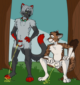 animal_genitalia anthro balls being_watched bodily_fluids brown_body brown_fur crouching duo fully_sheathed fur genital_fluids genitals grass grey_body grey_fur hand_on_hip holding_own_penis holding_own_sheath holding_penis holding_sheath looking_at_another looking_at_genitalia looking_at_penis male male/male male_peeing markings outside peeing peeing_on_ground peeing_together penis plant sheath spots spotted_body spotted_fur standing tan_body tan_fur tree urine urine_on_ground urine_stream watersports white_body white_fur shadyhouse cougar domestic_cat felid feline felis leopard mammal pantherine
