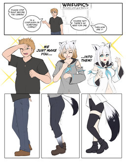 blue_eyes bottomwear breast_growth breasts brown_hair clothing dialogue dipstick_tail female footwear forced forced_transformation gender_transformation growth hair human_to_humanoid male markings mtf_transformation open_mouth pants shirt shoes simple_background solo species_transformation standing surprised tail tail_growth tail_markings text topwear transformation white_background white_hair kaiza-tg hololive vtuber shirakami_fubuki animal_humanoid canid canid_humanoid canine canine_humanoid fox_humanoid human humanoid mammal mammal_humanoid 2025 comic digital_media_(artwork) english_text hi_res