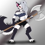 1:1 angry anthro axe battle_axe bottomwear canid canid_demon canine canis claws clothing crop_top deerwalker demon domestic_dog female flat_colors gloves greataxe grey_hair hair handwear hellhound helluva_boss hi_res legwear loona_(helluva_boss) mammal midriff mythological_canine mythological_creature mythology navel occult_symbol pentagram red_sclera shirt shorts simple_background snarling solo stockings symbol teeth topwear torn_clothing