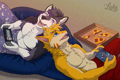 anthro black_body black_fur blue_eyes clothed clothing duo food fur furniture gaming male male/male pizza playing_video_game purple_eyes sofa topless topless_anthro yellow_body yellow_fur lukefoxxy nintendo nintendo_switch fubuki_derg tvorsky canid canine canis domestic_dog husky mammal nordic_sled_dog spitz 3:2 hi_res