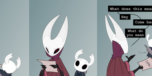 3_panel_comic ambiguous_gender black_text cloak clothing dialogue duo fingers holding_object holding_paper looking_at_another melee_weapon motion_lines nail_(weapon) paper pupils talking_to_another text text_box weapon weapon_on_back white_text dragonbooster hollow_knight_(franchise) team_cherry hornet_(hollow_knight) the_knight_(hollow_knight) arthropod vessel_(species) 2025 comic english_text hi_res female_(lore) half_sister_(lore) sibling_(lore) sister_(lore)
