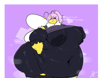 antennae_(anatomy) anthro areola belly belly_grab belly_rolls big_belly big_breasts big_butt black_areola black_body black_fur black_nipples black_sclera blush border bottomless breasts butt chubby_cheeks clothed clothing clothing_grab curvy_figure deep_navel detailed_navel dialogue fat_arms fat_rolls female fur glistening glistening_areola glistening_belly glistening_body glistening_breasts glistening_thighs hair hand_on_belly huge_belly huge_breasts huge_butt huge_hips huge_thighs looking_at_viewer mostly_nude motion_lines multicolored_body multicolored_fur navel neck_tuft nipples non-mammal_breasts non-mammal_hair non-mammal_navel non-mammal_nipples obese obese_anthro obese_female overweight overweight_anthro overweight_female pink_eyes pink_hair ponytail shirt solo standing steam text thick_thighs topwear tuft white_body white_border white_fur wide_hips wings yellow_body yellow_fur kinguu brenda_meganias arthropod bee hymenopteran insect 2025 absurd_res english_text hi_res signature