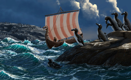amazing_background amazing_detail ambiguous_gender arctic black_body black_feathers blue_sky cloud colony detailed_background feathers feral flock group longship multicolored_body multicolored_feathers rock sea ship sky two_tone_body two_tone_feathers vehicle viking water watercraft white_body white_feathers young paleopete alcid avian bird great_auk human lari mammal recently_extinct_species 2025 absurd_res detailed hi_res