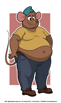 anthro belly big_belly blush bottomwear clothing hat headgear headwear male navel overweight overweight_male pants shirt smile solo standing topwear johnny_ether disney's_cinderella gus_(cinderella) mammal mouse murid murine rodent 2025 hi_res