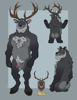 anthro antlers ball_tuft balls barbell_piercing beard black_body black_fur body_hair chest_hair cloven_hooves erection facial_hair front_view fur genitals grey_body grey_fur hooves horn humanoid_genitalia humanoid_penis larger_but_small male male_anthro musclegut muscular muscular_anthro muscular_male mustache nipple_barbell nipple_piercing nipples notched_ear nude nude_anthro nude_male overweight overweight_anthro overweight_male penis piercing pink_penis pubes rear_view solo standing tail tuft vein veiny_penis yellow_eyes labradorszn cervine deer elk mammal 2025 hi_res model_sheet