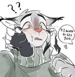 anthro blush clothing confusion dialogue duo holding_cheeks male question_mark sweater text topwear timemo5 disney patreon zootopia pawbert_lynxley canada_lynx felid feline lynx mammal english_text hi_res
