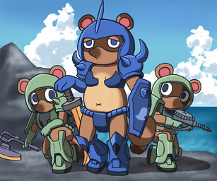 anthro armor axe belly blue_eyes brown_body brown_fur clothed clothing cosplay crossover_cosplay fur group gun horn identical_twins kemono male mecha_musuko melee_weapon navel outside ranged_weapon rock sea sky spiked_armor spikes sword unconvincing_armor water weapon starman75042 animal_crossing gundam nintendo timmy_nook tom_nook_(animal_crossing) tommy_nook zaku_ii canid canine mammal raccoon_dog tanuki 2020 6:5 crossover digital_media_(artwork) shaded brother_(lore) brothers_(lore) nephew_(lore) sibling_(lore) twins_(lore) uncle_(lore) uncle_and_nephew_(lore)