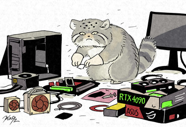 ambiguous_gender box cable clothing cloves computer computer_fans computer_monitor container desktop_computer electronics feral fluffy fur gloves graphics_card grey_body grey_fur handwear markings motherboard mouth_closed power_supply processor ring_(marking) semi-anthro simple_background solo spots spotted_markings tail text thermal_paste white_background ka92 asus noctua_(brand) rtx_4090 felid feline mammal pallas's_cat 2024 artist_name signature