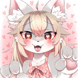 ahoge anthro bangs black_eyebrows black_eyes black_nose blush blush_lines blushing_at_viewer cheek_tuft claws clothed clothed_anthro clothed_female clothing collarbone countershade_arms countershade_face countershade_fur countershade_hands countershade_neck countershade_torso countershading cute_fangs daww dipstick_ears ear_markings eyebrow_through_hair eyebrows eyelashes eyelashes_through_hair facial_tuft fangs female female_anthro finger_claws fingerpads fingers front_view fur gradient_background grey_body grey_ears grey_fur hair hair_between_eyes handpaw heart_pupils heart_symbol hearts_around_head inner_ear_fluff kemono long_hair looking_at_viewer multicolored_body multicolored_ears multicolored_fur open_:3 open_mouth open_smile pattern_clothing pawpads paws pink_background pink_clothing pink_inner_ear pink_pawpads pink_pupils pink_tongue pupils red_blush simple_background smile smiling_at_viewer solo spots spotted_clothing tan_hair teeth tongue translucent translucent_hair tuft two_tone_body two_tone_fur white_background white_body white_claws white_countershading white_ear_tips white_fur white_inner_ear_fluff white_sclera white_tuft young young_anthro young_female yuigurin canid canine canis mammal wolf 1:1 2025 absurd_res bust_portrait digital_media_(artwork) hi_res icon japanese_description portrait reaction_image