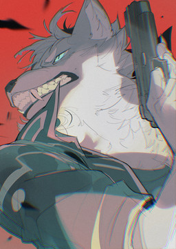 anthro bad_trigger_discipline black_clothing black_jacket black_shirt black_topwear blue_eyes claws clothed clothed_anthro clothed_male clothing countershade_face countershade_fur countershading eyebrows fangs finger_claws fur furrowed_brow gums gun hair handgun holding_gun holding_handgun holding_object holding_pistol holding_ranged_weapon holding_weapon inner_ear_fluff jacket light_body light_fur looking_aside male mouth_closed pistol ranged_weapon red_background shirt simple_background snarling solo teeth topwear tuft weapon white_sclera chiayeeee canid canine canis mammal wolf 2024 absurd_res bust_portrait chromatic_aberration hi_res portrait