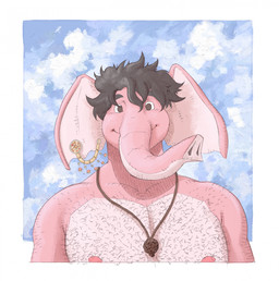 anthro arm_hair black_hair body_hair chest_hair clothed clothing cloud ear_piercing hair jewelry looking_at_viewer male male_anthro necklace nipples piercing pink_body proboscis_(anatomy) sky smile solo topless topless_anthro topless_male trunk_(anatomy) tuskito elephant elephantid mammal proboscidean 2026 hi_res portrait