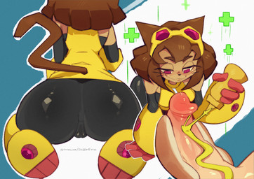 :3 animal_ears anus_outline armwear big_penis black_clothing black_leggings black_legwear blush boots brown_body brown_ears brown_hair brown_skin brown_tail camel_toe cat_tail clothing duo eyewear female food footwear front_view genital_outline genitals glistening glistening_clothing glistening_genitalia glistening_penis gloves goggles hair handwear healing leggings legwear long_lashes looking_at_genitalia looking_at_penis male male/female mustard mustard_bottle penis penis_hot_dog rear_view red_clothing red_eyes red_gloves red_handwear shirt shoes short_hair simple_background tail text topwear triangle_nose vulva_outline whiskers yellow_armwear yellow_boots yellow_clothing yellow_eyewear yellow_footwear yellow_goggles yellow_shirt yellow_topwear disabledfetus gameoverse glitch_productions kit_bodega animal_humanoid felid felid_humanoid human humanoid mammal mammal_humanoid 2026 hi_res url