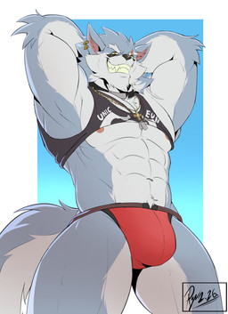 abs anthro biceps clothed clothing eyewear fur jockstrap male muscular muscular_anthro muscular_male nipples pecs piercing raised_clothing raised_topwear scar simple_background smile solo sunglasses tail teeth topwear underwear lofnirv dislyte lilith_games freddy_(dislyte) canid canine canis mammal wolf hi_res
