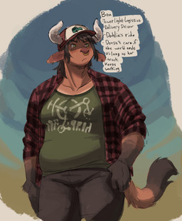 anthro baseball_cap biped bovid_horn bovine_horn breasts clothing cow_horn facial_piercing female flannel_shirt furgonomic_hat furgonomic_headwear furgonomics green_clothing green_shirt green_t-shirt green_topwear hand_in_pocket hat headgear headwear horn nose_piercing nose_ring piercing pockets print_clothing print_shirt print_t-shirt print_topwear ring_piercing shirt slightly_chubby solo t-shirt tail tail_tuft text topwear trucker_hat tuft chimeracauldron bea_(chimeracauldron) bovid bovine cattle mammal 2024 digital_media_(artwork) digital_painting_(artwork) english_text handwritten_text hi_res model_sheet painting_(artwork) trans_(lore) trans_woman_(lore)
