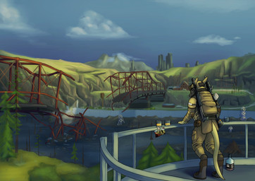 alcohol_bottle ambiguous_gender anthro armor assault_rifle backpack ballistic_mask beverage_bottle body_armor boots bottle bridge cliff clothed clothing container cup day detailed_background digitigrade drinking_glass elbow_pads footwear furgonomic_footwear furgonomic_headwear furgonomics glass glass_container glass_cup gun headgear helmet knee_pads landscape mask outside photo plant ranged_weapon rifle river ruins shoes shotgun shrub solo standing tail tapering_tail tree water_tower weapon whiskey_bottle whiskey_glass devrattus project_silverfish inheritor lizard reptile scalie 2025 hi_res