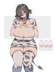 animal_print areola bell bell_collar big_breasts bottle breasts cleavage clothed clothing collar container cow_print dress ear_piercing ear_tag female hair hair_over_eye horn hucow legwear milk_bottle milk_container number numbered_ear_tag numbered_tag one_eye_obstructed piercing solo thigh_highs muroku animal_humanoid bovid bovid_humanoid bovine bovine_humanoid cattle_humanoid humanoid mammal mammal_humanoid 2021 absurd_res hi_res