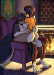 animal_genitalia animal_penis anthro armchair balls big_butt breasts brown_body brown_fur butt canine_genitalia canine_penis chair detailed_background digitigrade eyes_closed female fireplace fluffy fluffy_tail from_front_position fur furniture genitals grabbing_hips horn kissing knot long_tail lotus_position male male/female multicolored_body multicolored_fur orange_body orange_fur penetration penile penile_penetration penis sex sitting star_tattoo tail tattoo white_body white_fur goatykai bovid canid canine caprine mammal hi_res